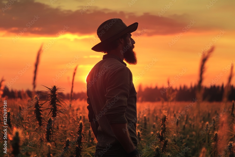 Fototapeta premium Silhouette of a man in a cannabis field bathed in sunlight, with a hemp farm in the background