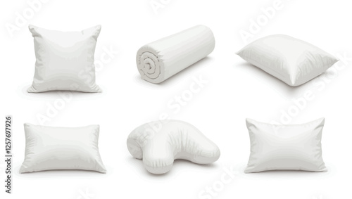 A vector illustration of different types of white pillows, representing comfort, relaxation, and home decor.