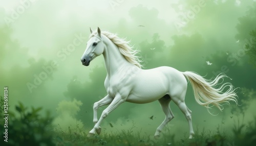 White Horse in Green Background Forest: Ethereal Mystical Fantasy in Dynamic Motion with Flowing Mane and Graceful Sunlight – A Photorealistic Digital Art of a Majestic Arabian Stallion