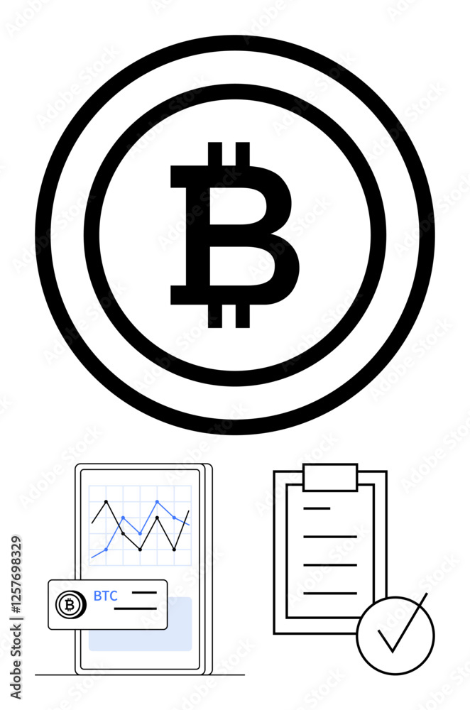 Bitcoin logo in bold circle, rising chart on a digital device, checklist with approval mark. Ideal for cryptocurrency, finance, trading, analysis, blockchain, investments abstract line flat metaphor