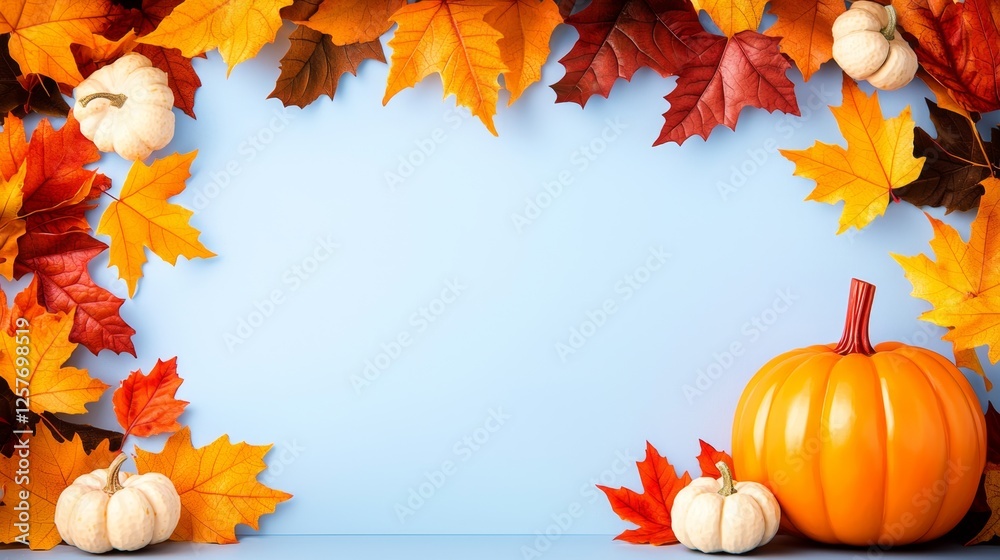 A border of autumn leaves and pumpkins on a blue background A border of autumn leaves and pumpkins on a blue background