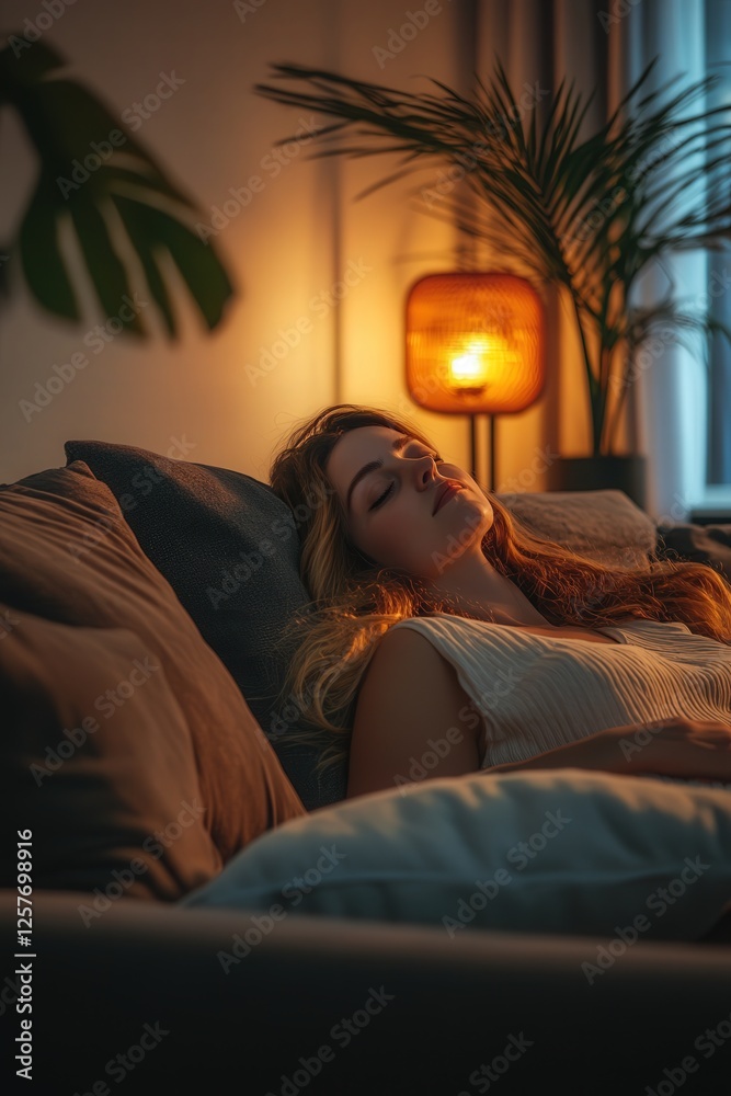 modern woman lying back on a chic sofa, the modern design of the room complemented by plush pillows and soft lighting, creating a calm and peaceful environment modern woman lying back on a chic sofa, the modern design of the room complemented by plush pillows and soft lighting, creating a calm and peaceful environment