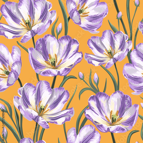 Seamless pattern. Spring flowers on a yellow background. 
