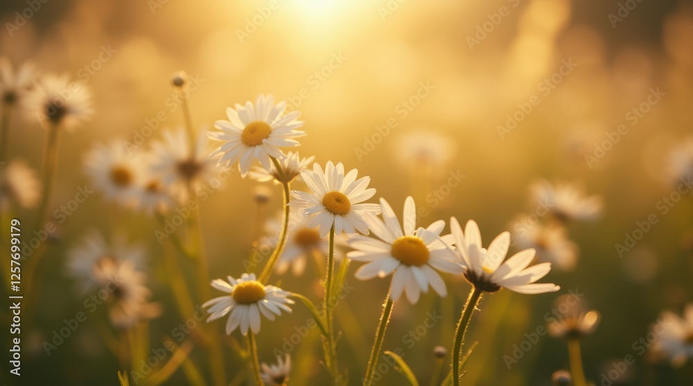 Beautiful Daisies in a Golden Sunset Creating a Serene Atmosphere in a Meadow Beautiful Daisies in a Golden Sunset Creating a Serene Atmosphere in a Meadow