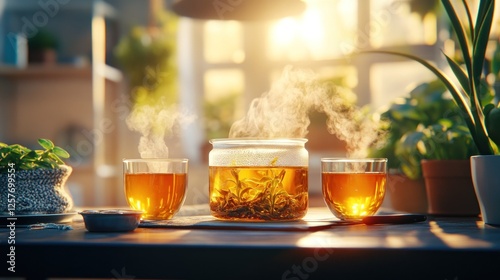 Two Cups Of Steaming Tea With Herbs Setup