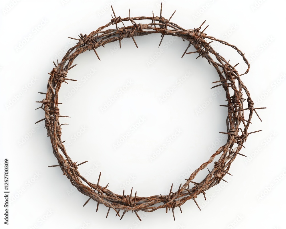 Sharp barbed wire ring encircled in a round shape with a white backdrop Sharp barbed wire ring encircled in a round shape with a white backdrop