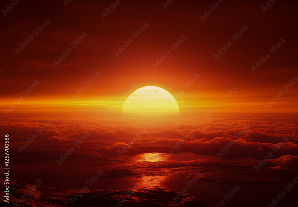 Sunset glow over distant ocean dark red sky, setting sun and horizon clouds at sea level. Sunset glow over distant ocean dark red sky, setting sun and horizon clouds at sea level.