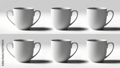 A vector illustration of six identical white cups in a symmetrical arrangement. A clean and simple design for product mockups and branding.