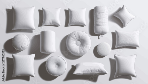 A vector illustration of different pillow shapes in white, arranged on a neutral background. Ideal for home decor, bedding, and relaxation themes.