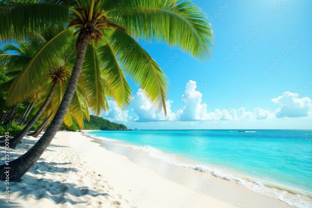 Obraz premium Turquoise water laps a white sand beach; swaying palms create shade , leaves, coconut