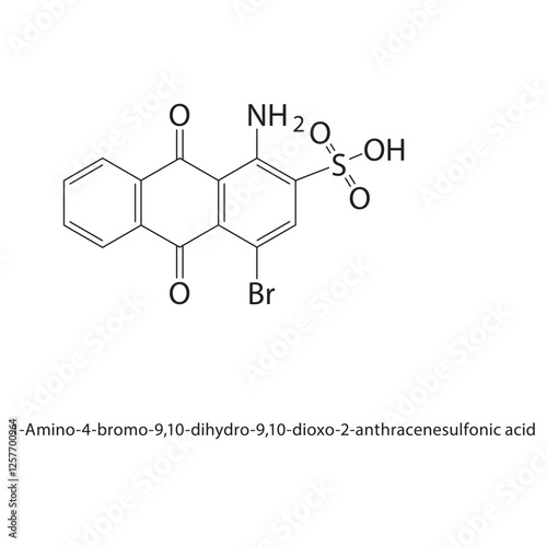 1-Amino-4-bromo-9,10- dihydro-9,10-dioxo-2- anthracenesulfonic acid skeletal structure.Anthraquinone compound schematic illustration. Simple diagram, chemical structure.