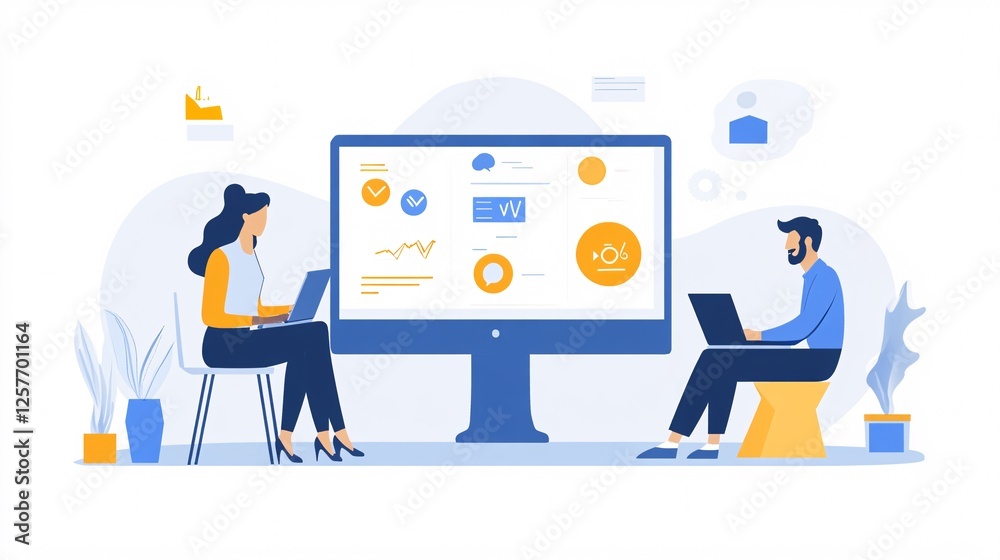 Two Professionals Engaged in Data Analysis on Large Screen Display Two Professionals Engaged in Data Analysis on Large Screen Display