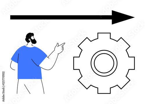 Person gesturing at gear beside a bold arrow implying direction, innovation, or improvement. Ideal for leadership, process, strategy, teamwork, collaboration, innovation abstract line flat metaphor