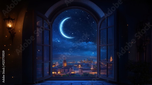 An arched window at night with a crescent moon and stars, a fantasy cityscape outside the window
