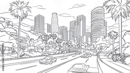 City highway, palm trees, skyline view, urban landscape, coloring book page