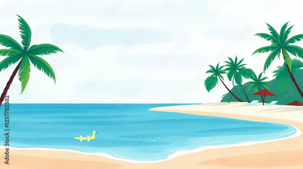 Tranquil tropical beach vista with palms, clear water, and serene ambiance Tranquil tropical beach vista with palms, clear water, and serene ambiance
