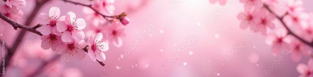 Delicate pink cherry blossoms frame a spring scene , spring background, pink, border Delicate pink cherry blossoms frame a spring scene , spring background, pink, border