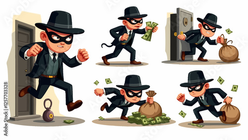 A vector illustration of a cartoon thief in different action poses, sneaking, running, and stealing money in a humorous style.