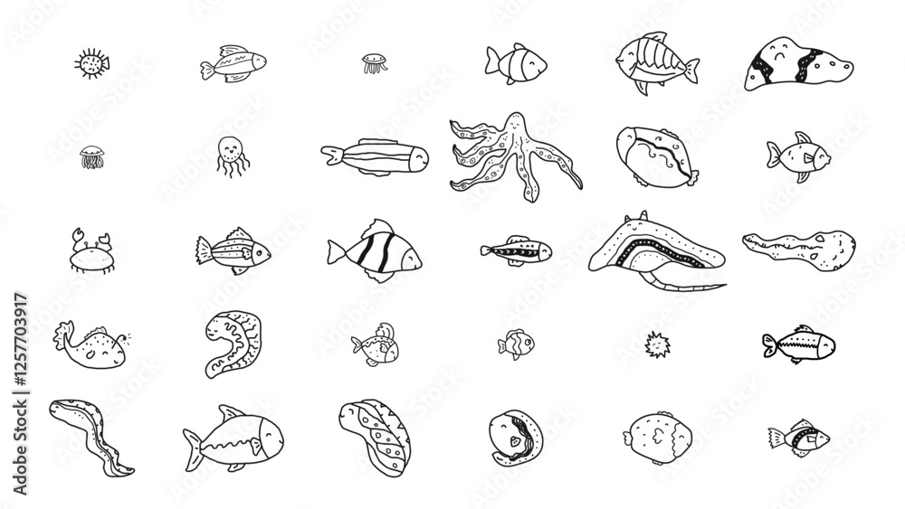 Undersea Life Vector Doodle Isolated Set with Fishes,Octopus,Eels,Jellyfishes Undersea Life Vector Doodle Isolated Set with Fishes,Octopus,Eels,Jellyfishes