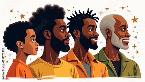 A vector illustration showing Black men at different life stages, symbolizing growth, wisdom, and heritage across generations.