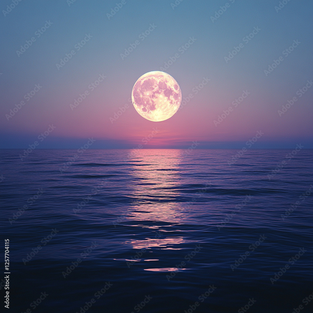 Moonrise over tranquil ocean at dusk with soft pastel sky and gentle waves reflecting light. Generative AI Moonrise over tranquil ocean at dusk with soft pastel sky and gentle waves reflecting light. Generative AI