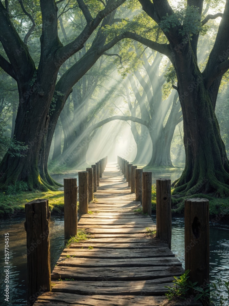 Fototapeta premium Cozy Wooden Bridge Over a Countryside Stream