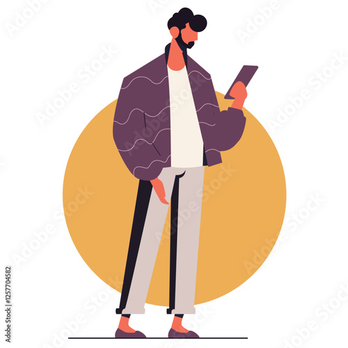 A man standing and using a smartphone for digital communication, mobile app development, or social media marketing. Ideal for technology, networking, and online connection projects