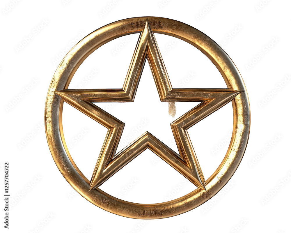 Golden pentacle symbol with five pointed star inside circular frame, representing mystical and sacred meanings Golden pentacle symbol with five pointed star inside circular frame, representing mystical and sacred meanings