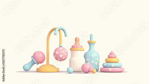 A pastel-colored vector illustration of baby accessories and toys, including a bottle, rattles, and soft stacking rings.