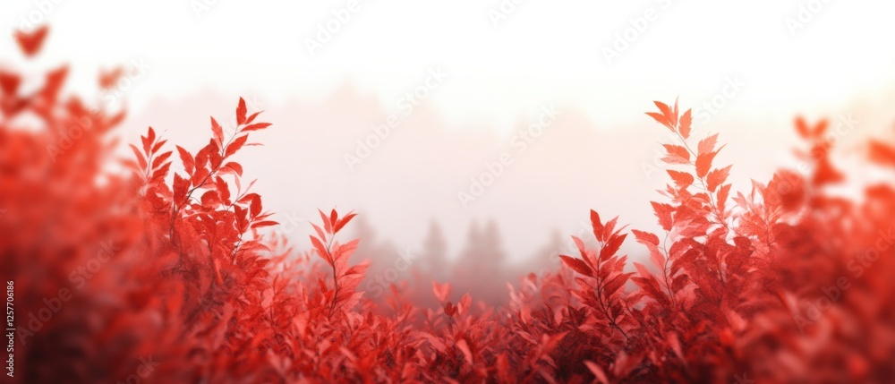 Red Autumn Leaves in Foggy Forest Red Autumn Leaves in Foggy Forest