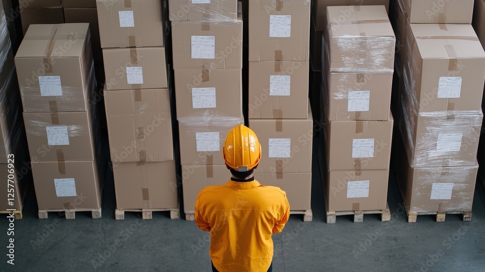 Fototapeta premium Warehouse worker checking inventory in logistics Concept. Worker Observing Stacked Boxes in Warehouse with Safety Helmet