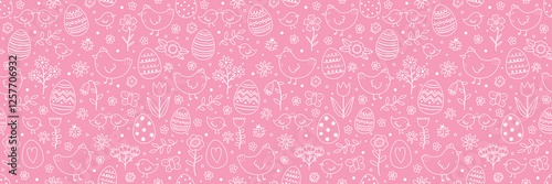 Easter seamless pattern with cute hand drawn eggs, chicks and flowers. Cartoon style background. Vector illustration