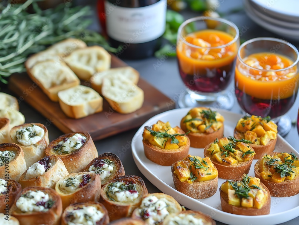 Fototapeta premium Gourmet Crostini Appetizers with Goat Cheese, Fig Jam, and Butternut Squash