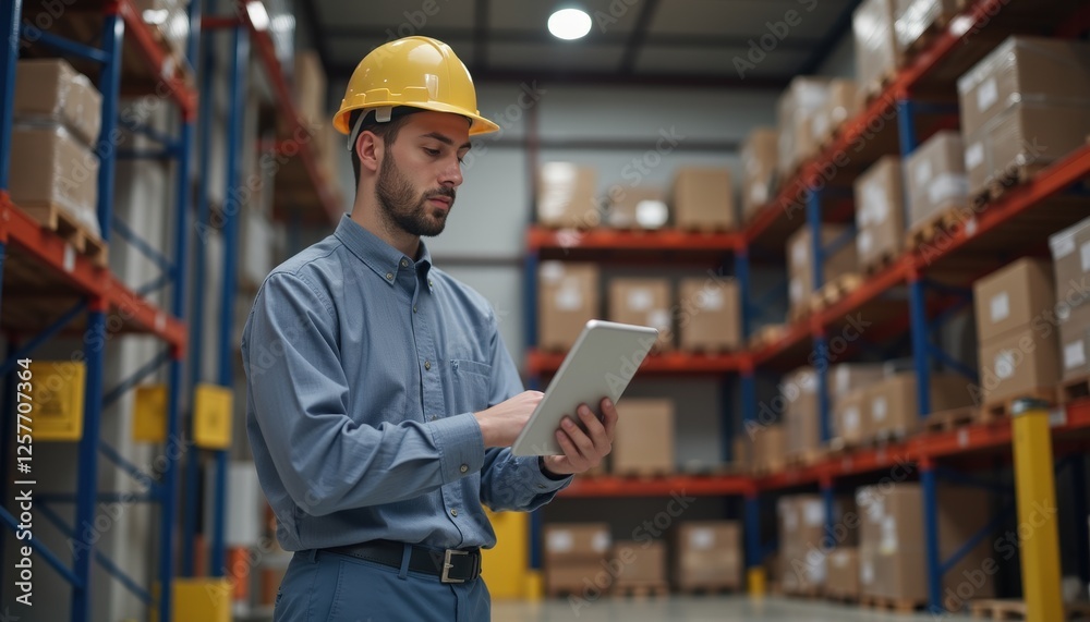 Warehouse worker checking inventory in logistics Concept. Warehouse Worker Using Tablet for Inventory Management in Storage Area