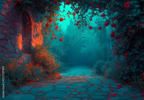 In a fantasy fairy tale setting within a woodland, the ground is covered with blossoming pink roses, while a magical garden bathes the night in enchantment