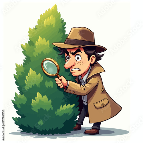 A funny vector illustration of a cartoon detective hiding behind bushes with a magnifying glass, looking suspicious and curious.