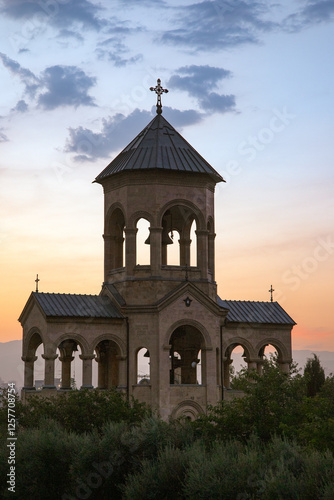 The bell tower of the Holy Trinity Cathedral in Tbilisi, Georgia