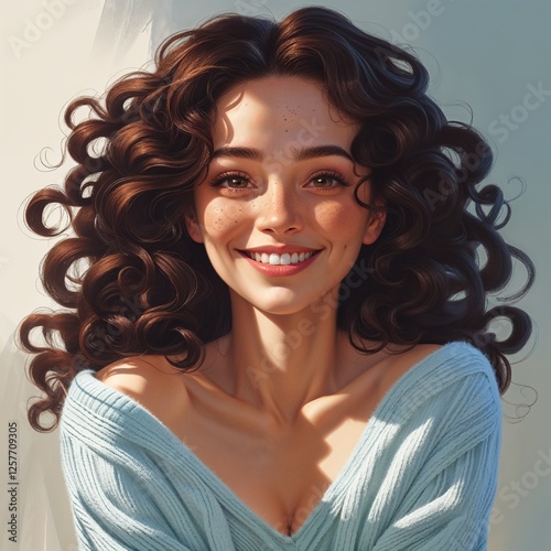 Young Woman Smiling With Curly Hair Wearing Light Blue Sweater In Soft Natural Light