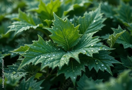 Verdant foliage adorned with glistening dewdrops reflecting morning light photo