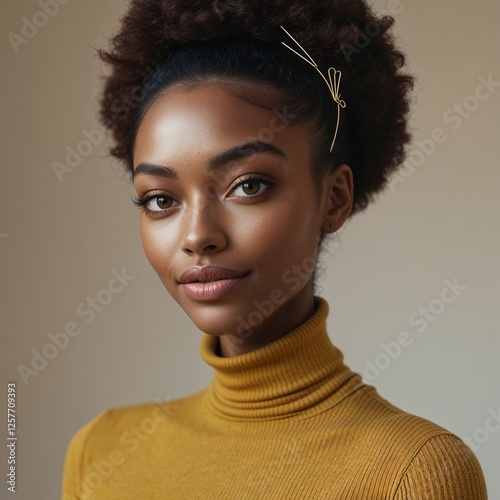 Young Woman with Curly Afro Hair Wearing Turtleneck and Gold Accessories in Studio Portrait