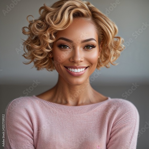 Young Woman with Curly Blonde Hair Smiling Confidently in a Cozy Sweater Indoors