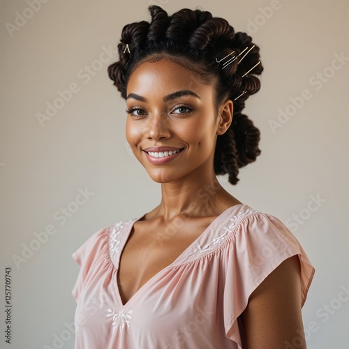 Young Woman with Natural Hair Smiling in Soft Lighting Against a Neutral Background