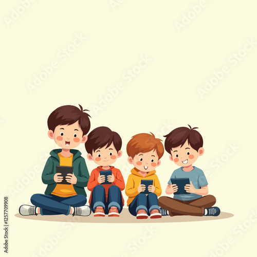 A vector illustration of four young boys sitting together, engaged in playing video games on handheld devices. Fun and entertainment concept.