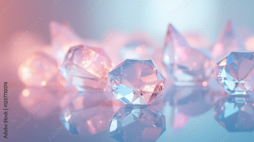 Crystal Gems Scattered on Reflective Surface With Soft Lighting Effects Crystal Gems Scattered on Reflective Surface With Soft Lighting Effects