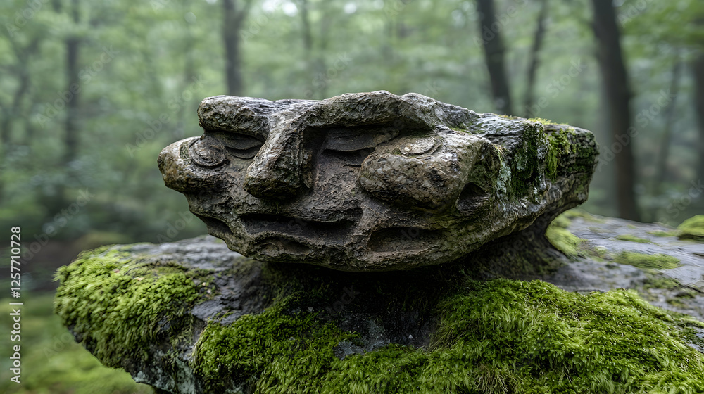 Mossy stone carving face forest mystical garden Mossy stone carving face forest mystical garden