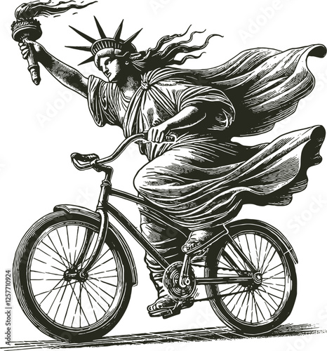 Statue of Liberty symbol riding a bicycle with a raised torch in her hand hand drawing style engraving print on t-shirt vector white background