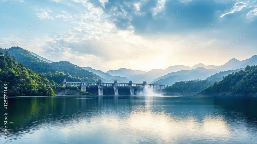 Naklejka premium A serene river landscape with a hydroelectric dam