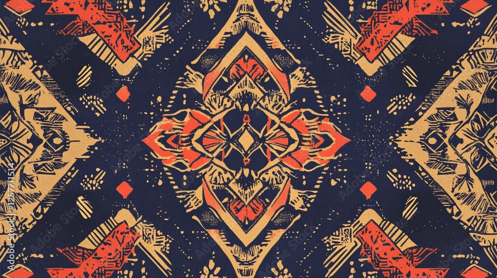 Obraz premium Intricate geometric pattern in orange and yellow on navy blue background with a repeating ornamental design
