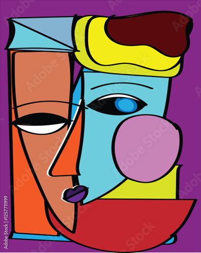 Abstract funny face. A vibrant cubist face illustration featuring geometric shapes and bold colors. abstract weird face. Fantasy dream fairy tale abstract vector illustration ,multicolored background