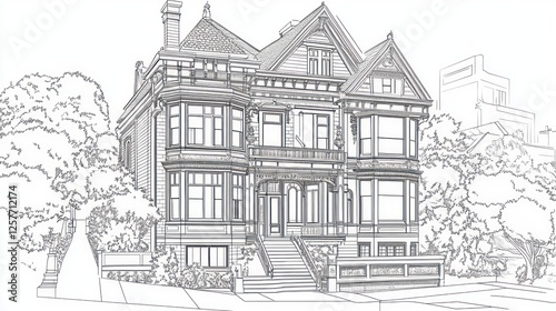 Victorian house architectural drawing, city background, design plan